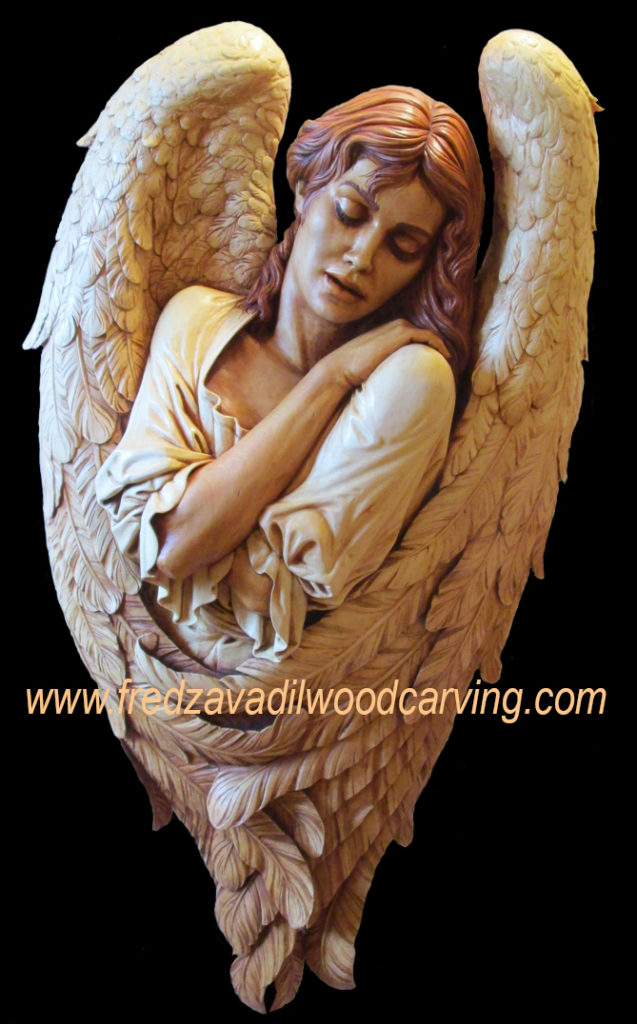Angel, hand carved wood sculpture of angel, relief carving, by Fred Zavadil Woodcarving and Religious Sculptures