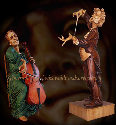 Caricature carvings, Maestro, Cellist, Ready to Fly, by Fred Zavadil