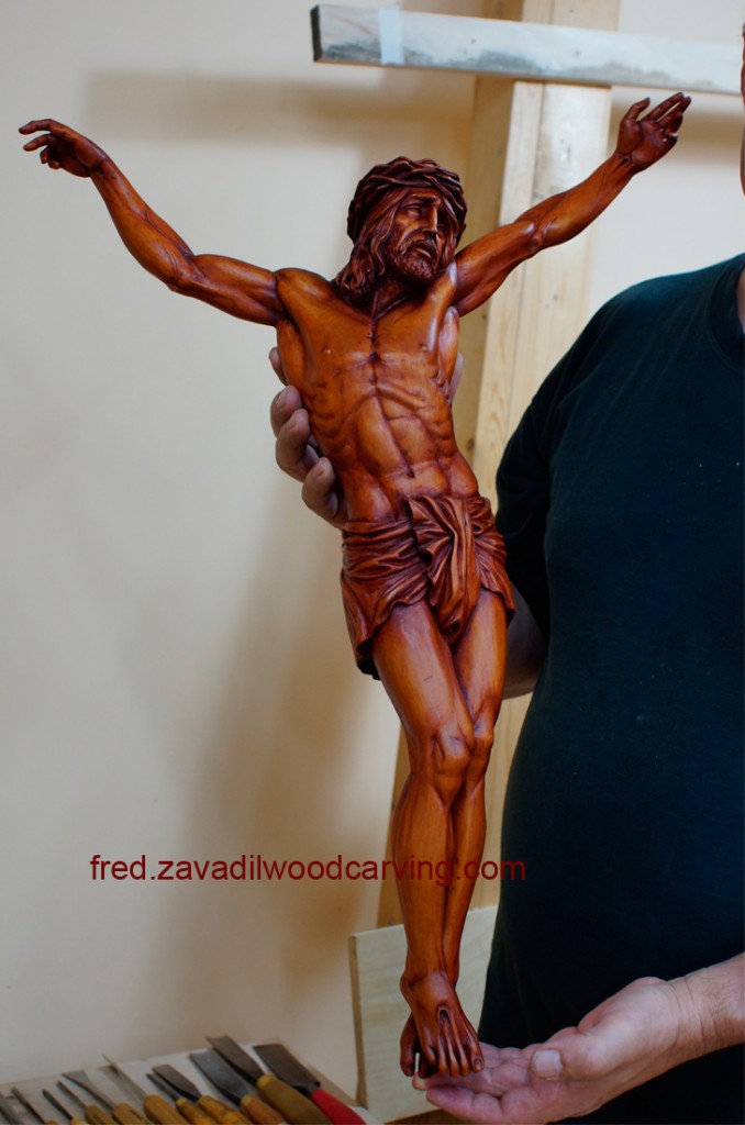 Hand carved crucifix, stained basswood