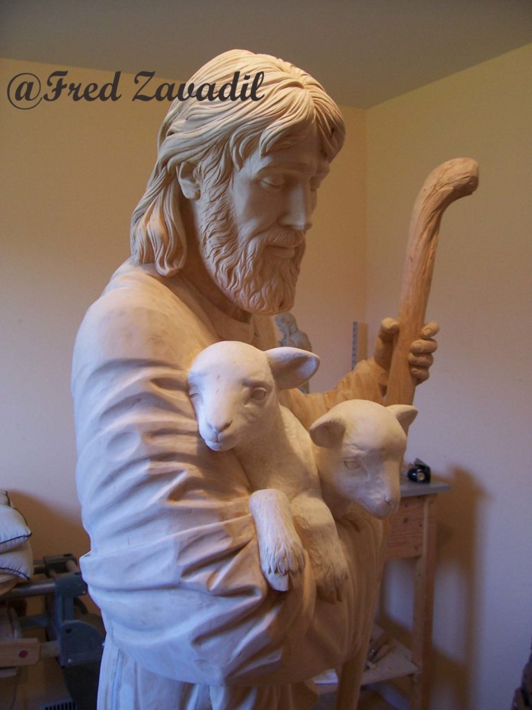 Good Shepherd, carved wood statue, customized catholic sculpture by Fred Zavadil