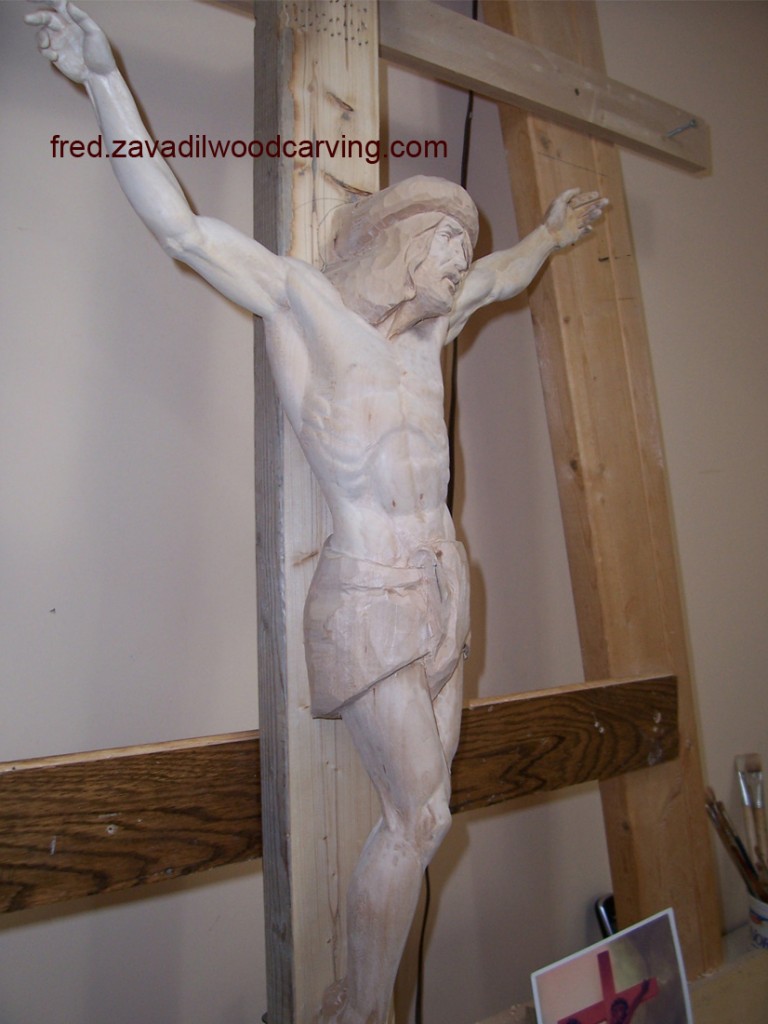 Custom carved Crucifix, religious wood carving by Fred Zavadil