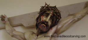 Custom crucifix, wood carved sculpture, painted and stained