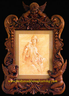 Carved picture frame, custom relief carving, Honduras mahogany, by Fred Zavadil Woodcarving and Sculpting