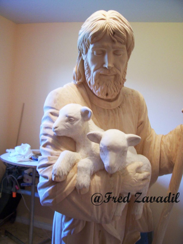 Customized statue of Good Shepherd, wood carving, basswood, Fred Zavadil