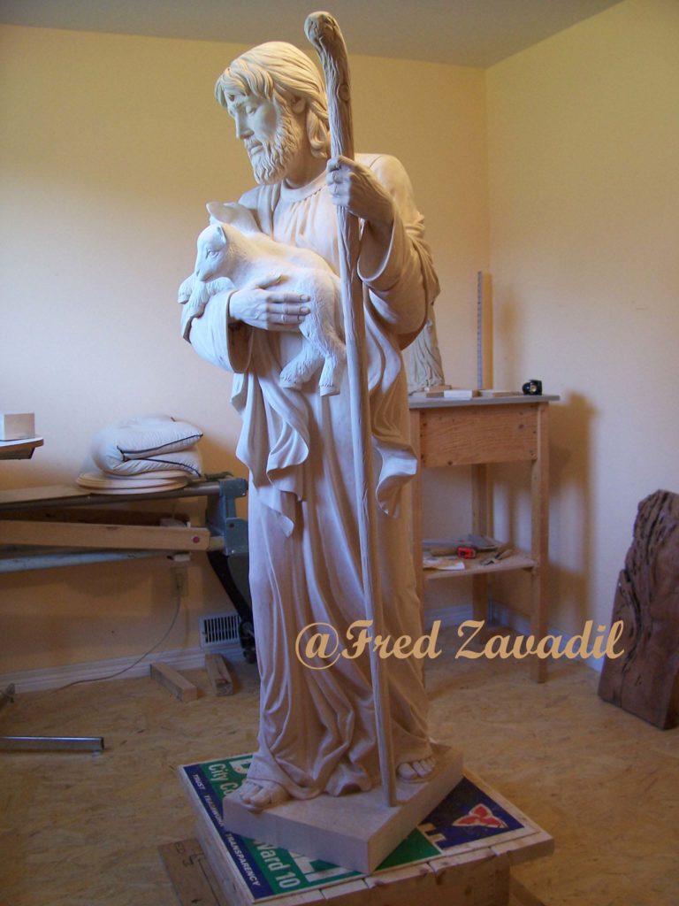 Sculpture of Good Shepherd, carved wood sculpture, Fred Zavadil