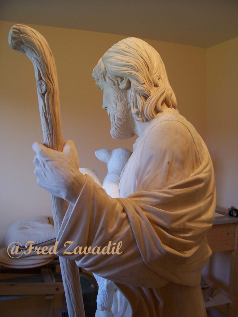 Carved statue of Good Shepherd, catholic statuary by Fred Zavadil