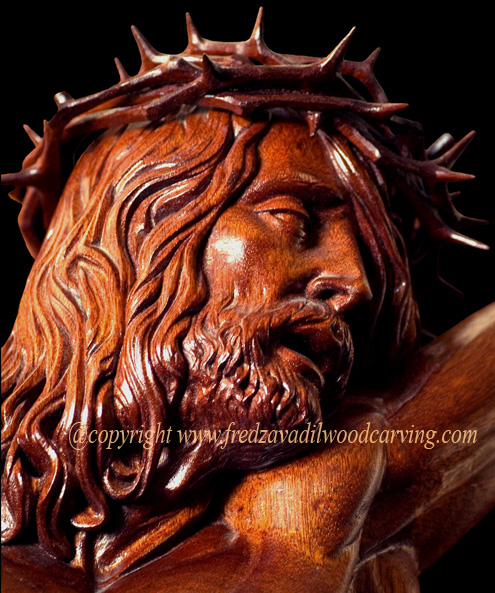 Jesus, custom carved crucifix, mahogany, religious sculptures, Fred Zavadil