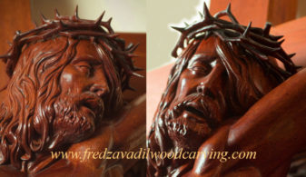 Crucifix, hand carved mahogany sculpture, by Fred Zavadil Woodcarving and Religious Sculptures