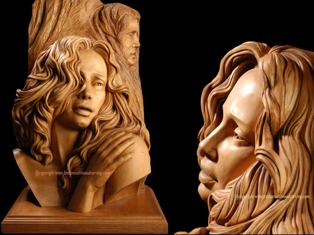 Longing, carved wood sculpture, wood carving by Fred Zavadil