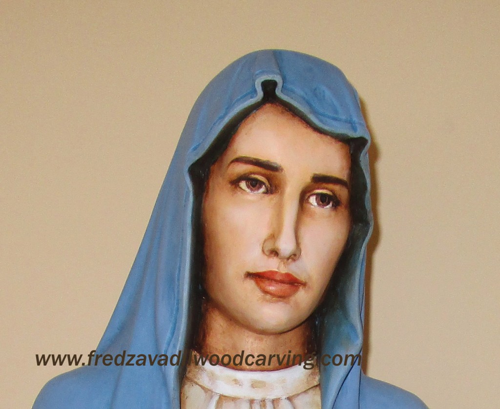 Hand carved sculpture of Mary, catholic statues by Fred Zavadil