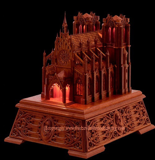 Relief wood carving, Honduras mahogany, model of a cathedral by Fred Zavadil