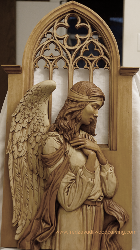 Carved sculpture of an angel, religious relief wood carving, Fred Zavadil