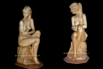 Seated, wood sculpture, carved and stained basswood, by Fred Zavadil Wood Carving and Sculpting
