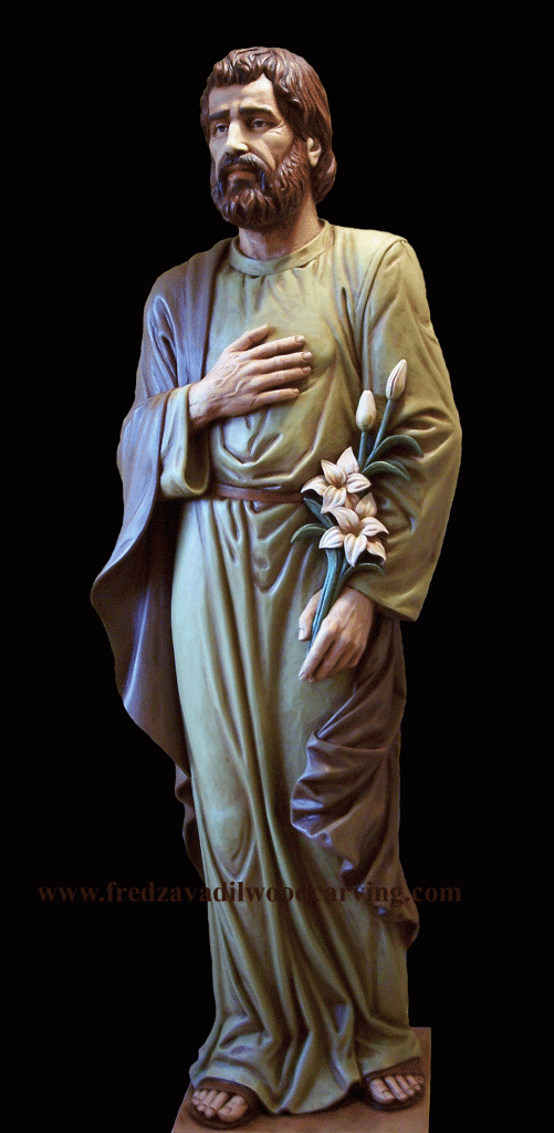 Custom sculpture, St. Joseph, basswood carving painted and stained, religious statues by Fred Zavadil