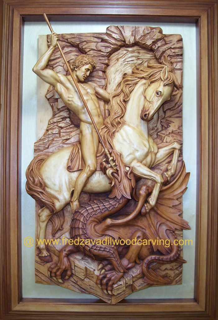 Relief wood carving, St. George and the dragon, Fred Zavadil