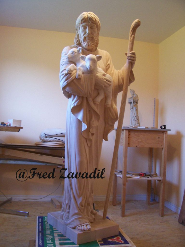 Good Shepherd, carved catholic statue, Fred Zavadil