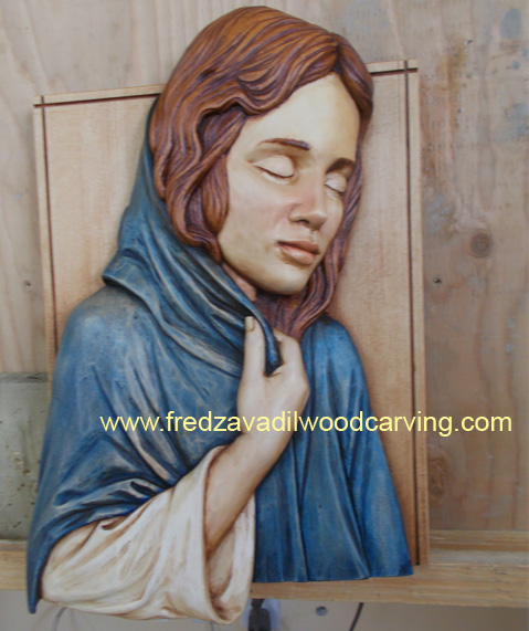 Virgin Mary, custom religious relief wood carving,