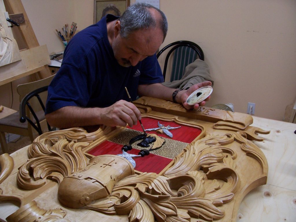 Carving family crest, showing how to stain and finish basswood wood carvings, Fred Zavadil