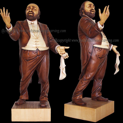 Luciano Pavarotti, carved sculpture of opera singer Luciano Pavarotti by Fred Zavadil