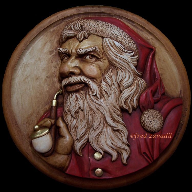 Santa Claus, relief wood carving, Fred Zavadil