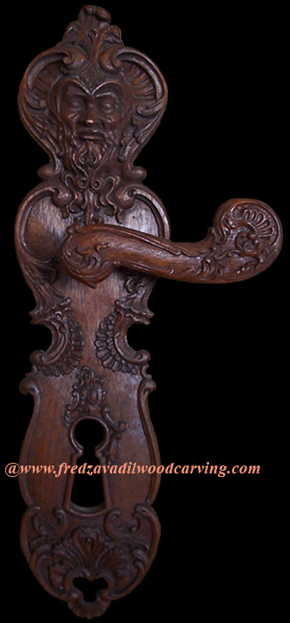 Custom carved wooden door handle, relief carving, Fred Zavadil Woodcarving