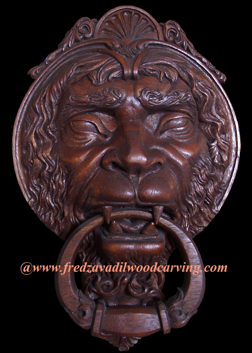 Custom carved wood door knocker, relief carving, Fred Zavadil Woodcarving