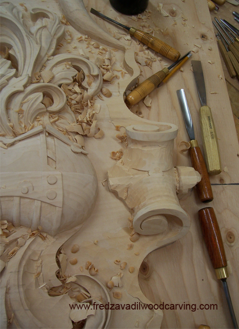Carved family crest, basswood carving