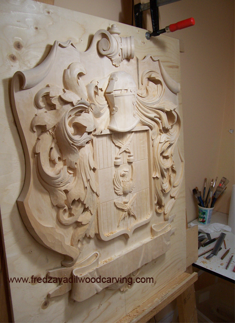 Family crest, wood carving, basswood