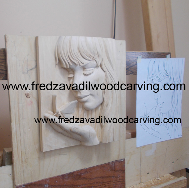 wood carving, girl with a butterfly, basswood, by Fred Zavadil