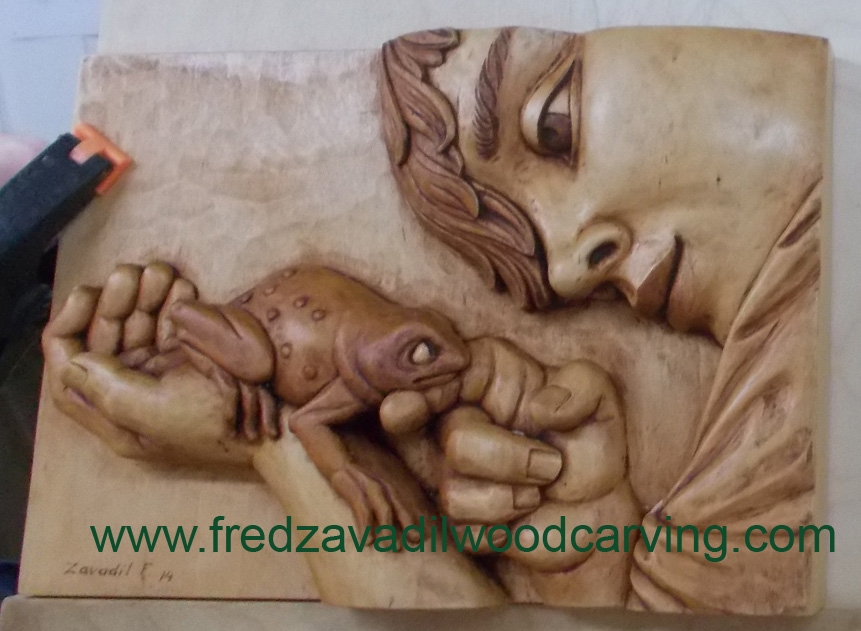 Boy with a frog, relief wood carving for Fred's wood carving workshops, stained basswood, Fred Zavadil