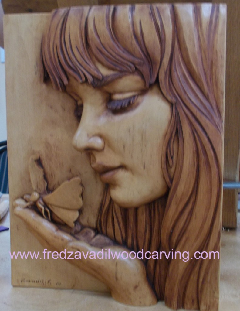 Girl with a butterfly, project for our wood carving workshops, relief wood carving, stained basswood