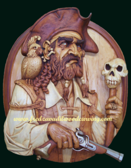 Carving of a pirate, relief wood carving by Fred Zavadil