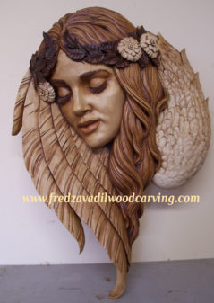 Angel, relief wood carving, Fred Zavadil