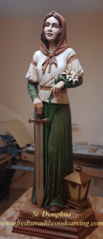 St. Dymphna, custom wood sculpture carved from basswood, painted and stained