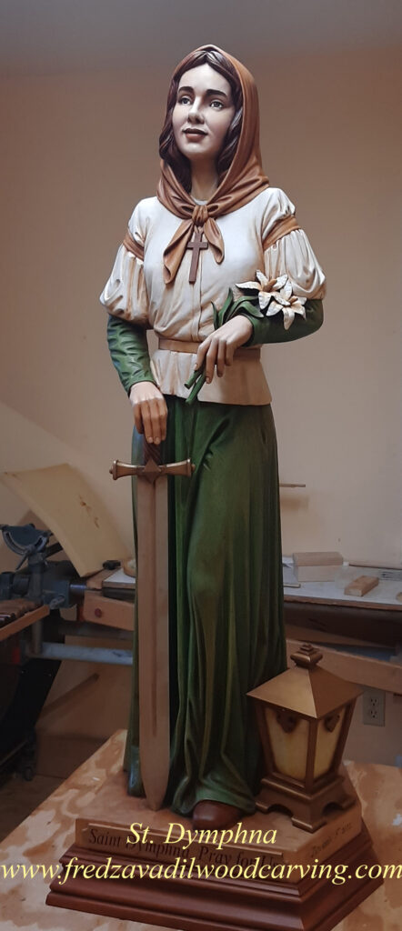 St. Dymphna, sculpture carved from basswood by Fred Zavadil