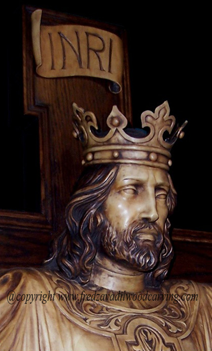 Christ the King, wood statue of Jesus the King, stained basswood, religious wood carving by Fred Zavadil